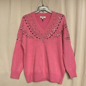 IPEKYOL Rhinestone Embellished V-Neck Oversized Sweater, Size XS Color Pink